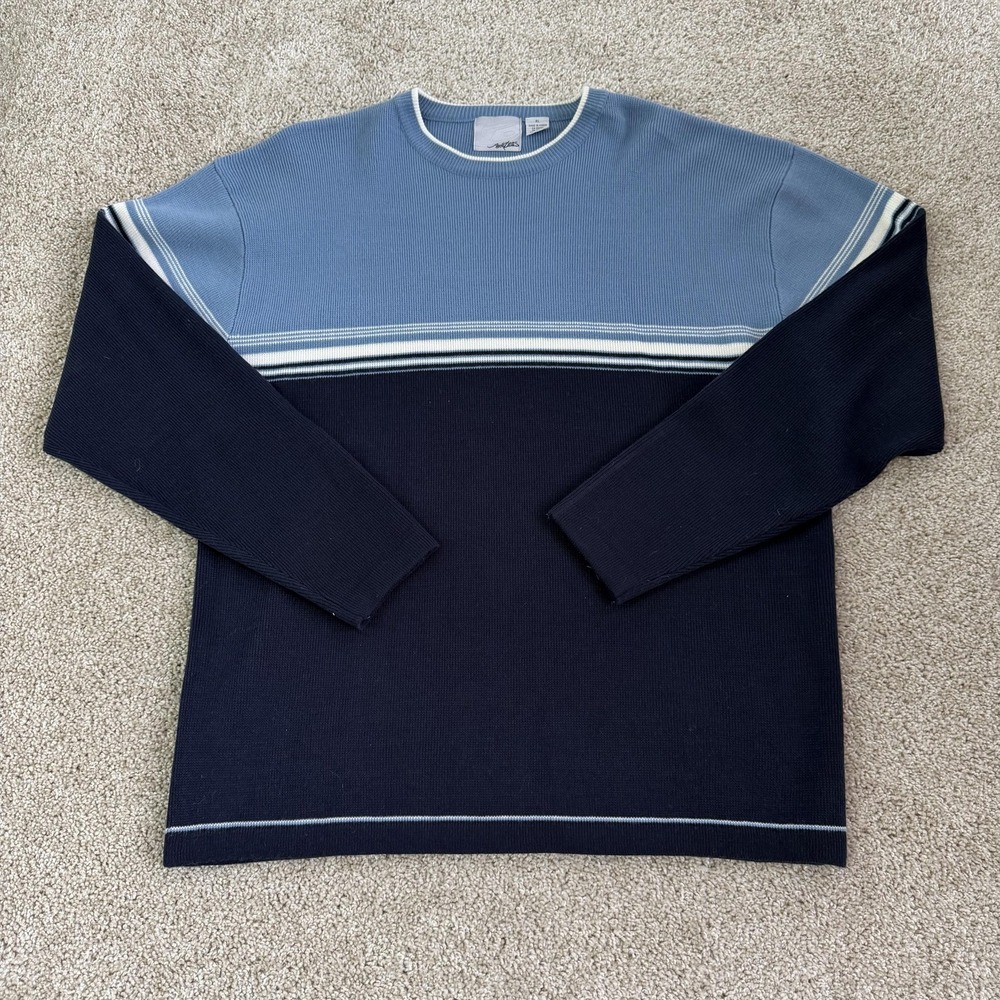 Y2K Point Zero Sweater Mens XL Blue Striped Tight Knit Crewneck Pullover Casual